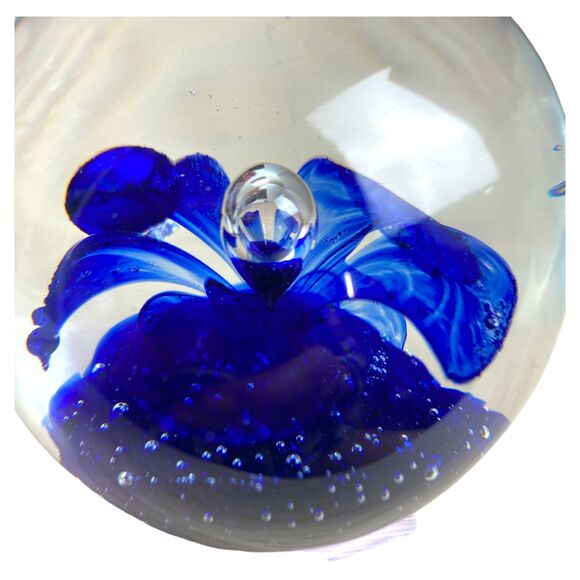 Murano Style Glass Paperweight: Blue Flower Bubble Globe, 3" Desk Decor - Picture 2 of 9